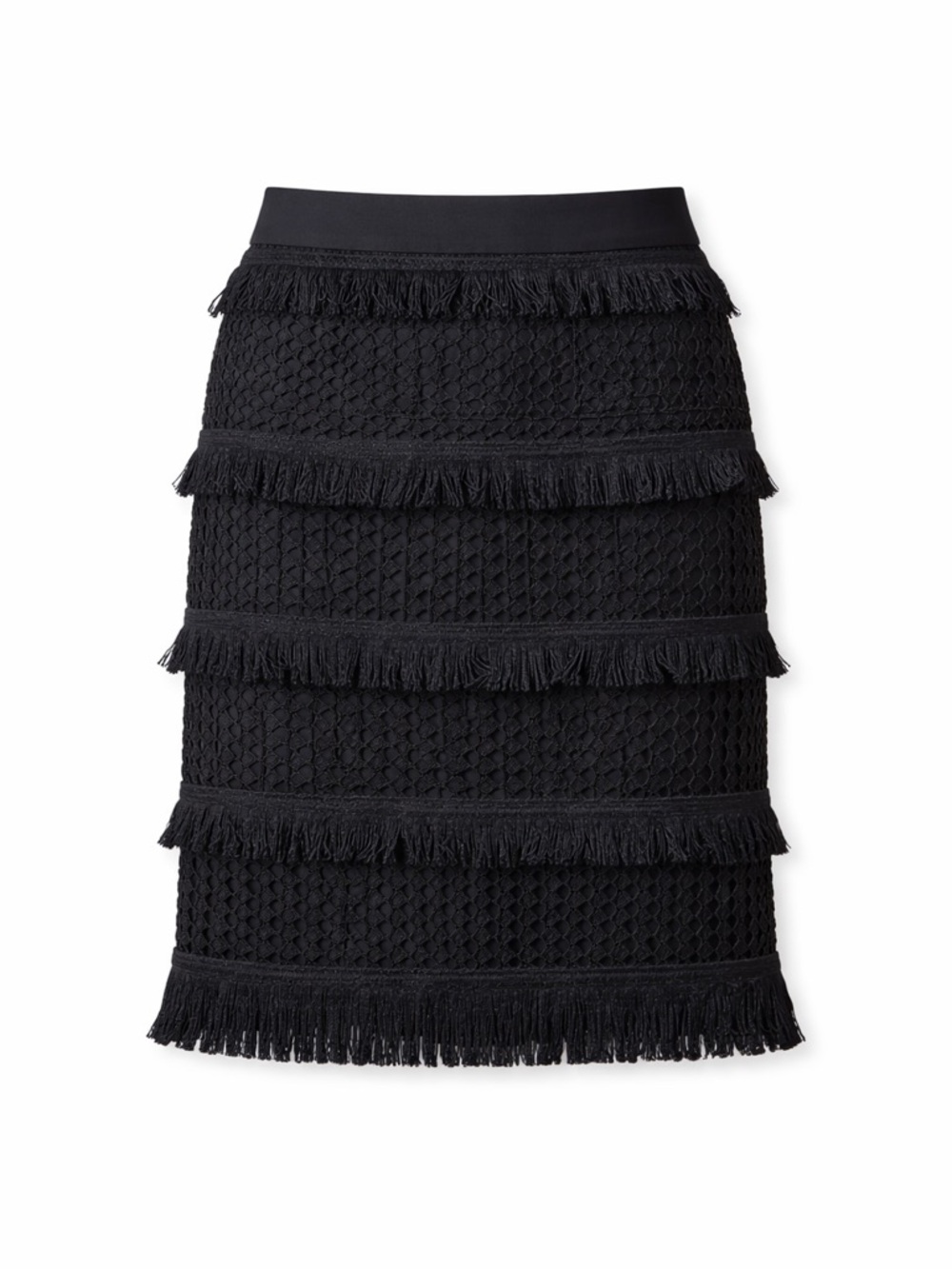 Black Fringe Lace Panel Skirt Women SZ10 Tiered Textured Evening Statement Midi